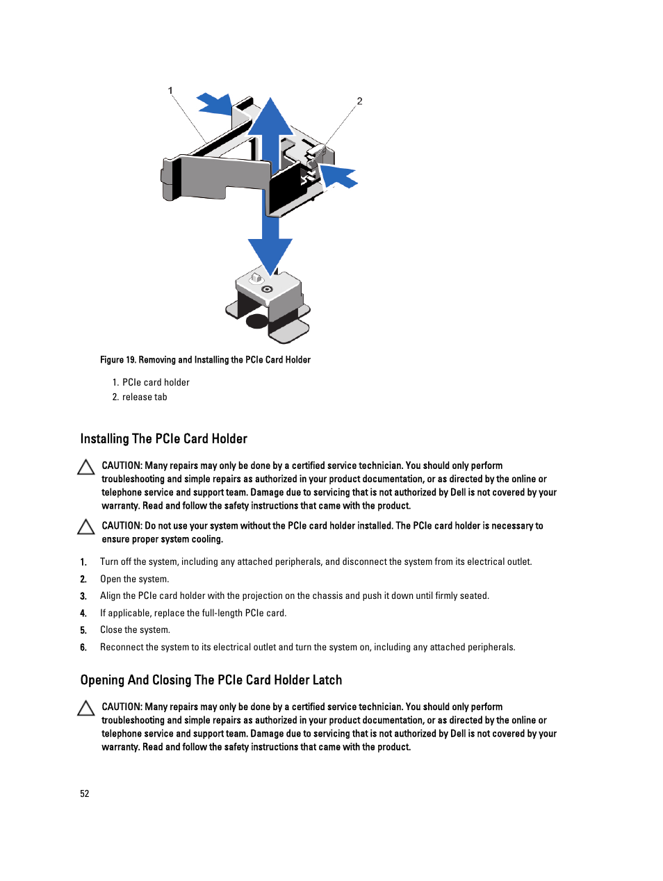 Installing the pcie card holder, Opening and closing the pcie card holder latch | Dell PowerVault DX6112 User Manual | Page 52 / 125