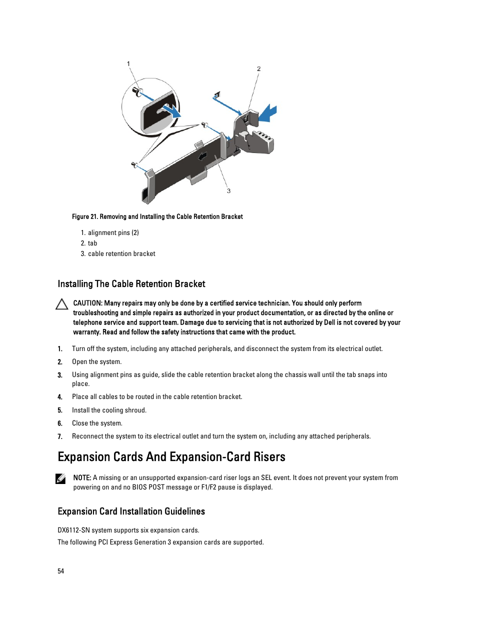 Installing the cable retention bracket, Expansion cards and expansion-card risers, Expansion card installation guidelines | Dell PowerVault DX6112 User Manual | Page 54 / 125