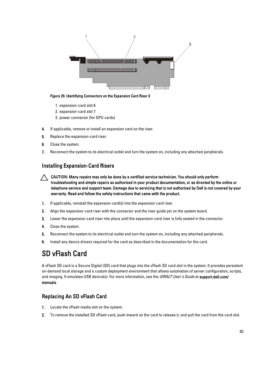 Installing expansion-card risers, Sd vflash card, Replacing an sd vflash card | Dell PowerVault DX6112 User Manual | Page 63 / 125