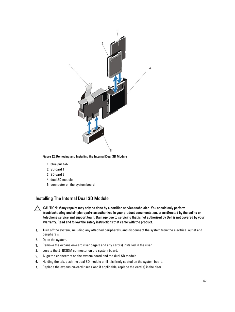 Installing the internal dual sd module | Dell PowerVault DX6112 User Manual | Page 67 / 125