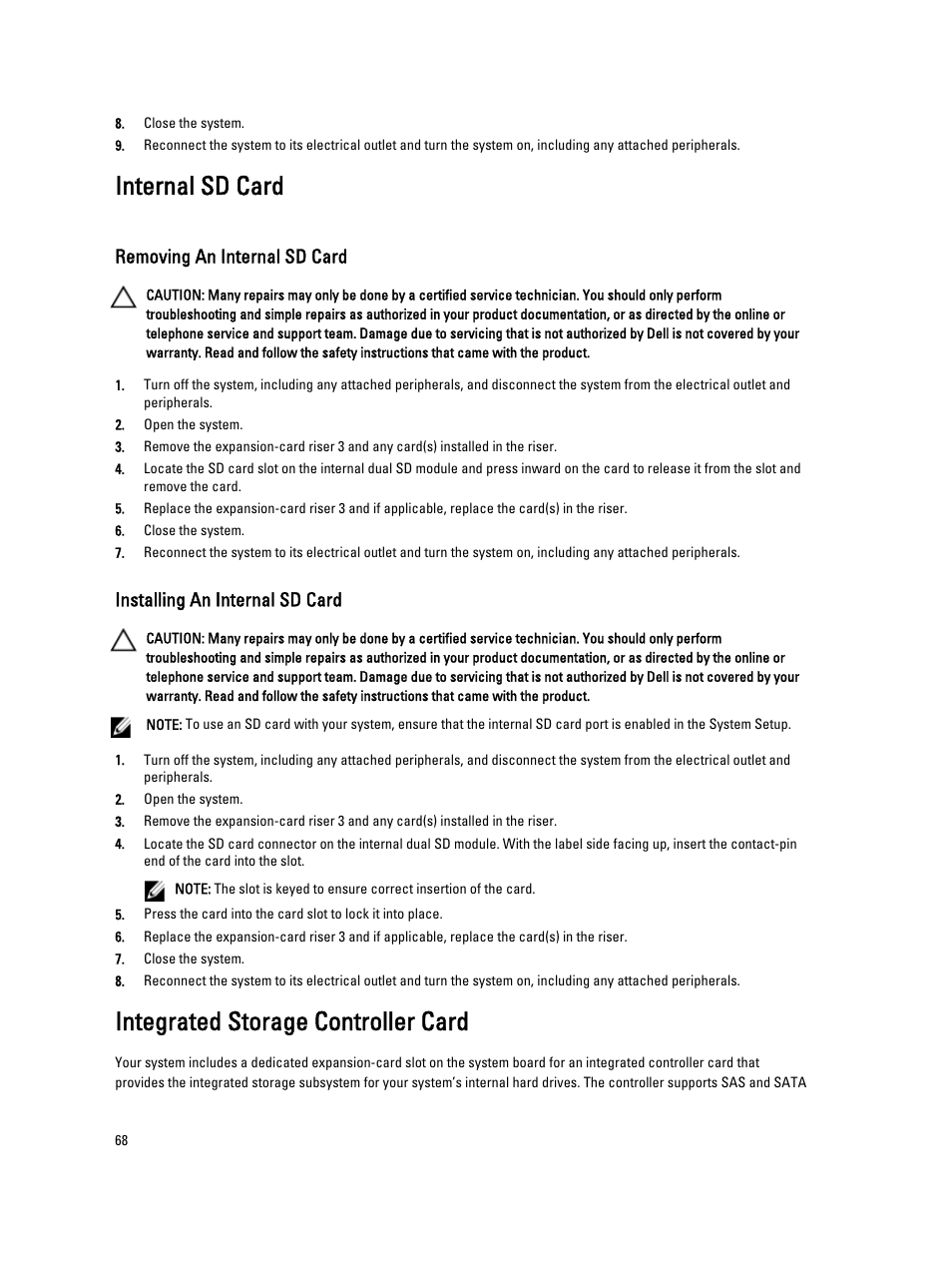 Internal sd card, Removing an internal sd card, Installing an internal sd card | Integrated storage controller card | Dell PowerVault DX6112 User Manual | Page 68 / 125