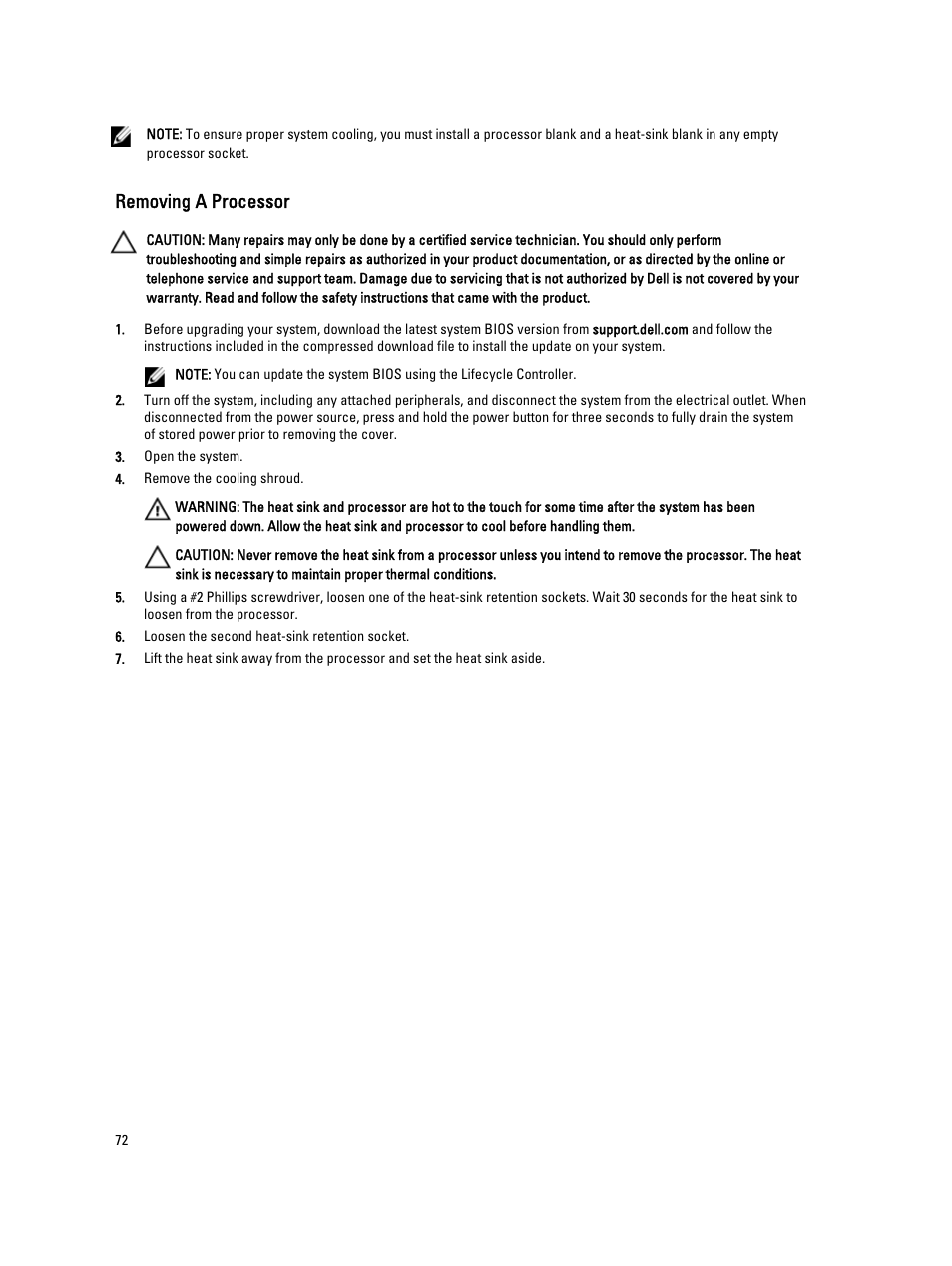 Removing a processor | Dell PowerVault DX6112 User Manual | Page 72 / 125