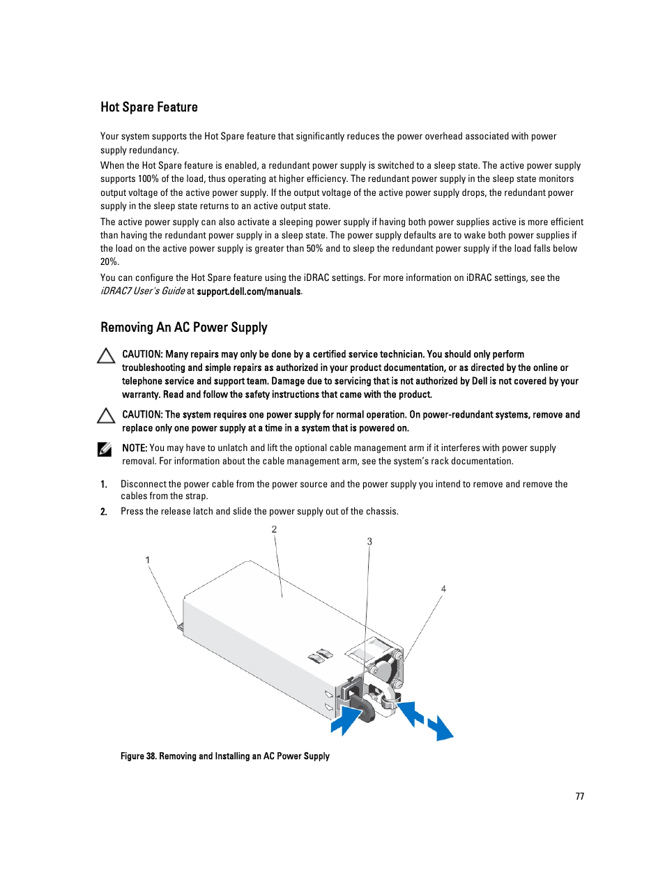 Hot spare feature, Removing an ac power supply | Dell PowerVault DX6112 User Manual | Page 77 / 125