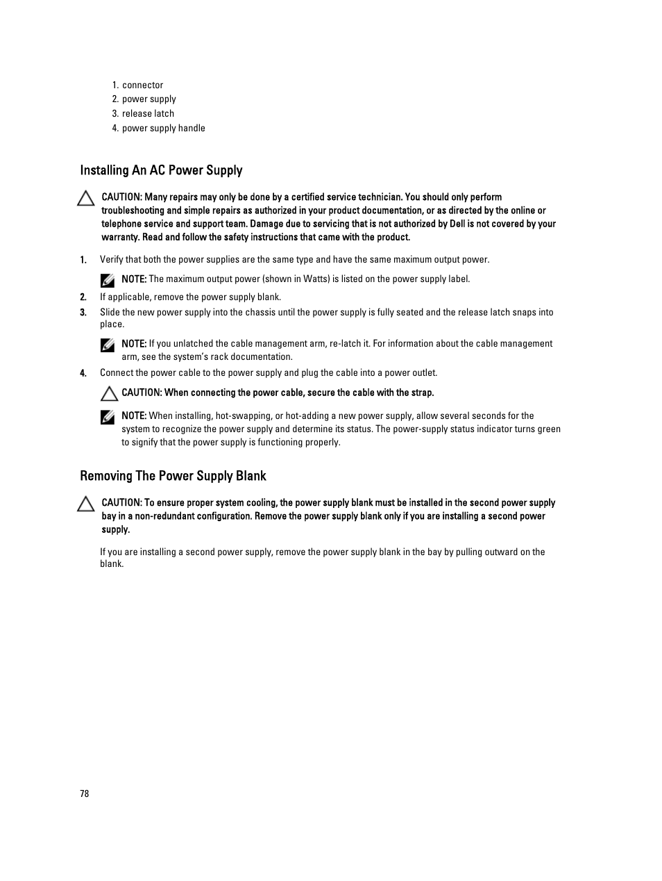 Installing an ac power supply, Removing the power supply blank | Dell PowerVault DX6112 User Manual | Page 78 / 125