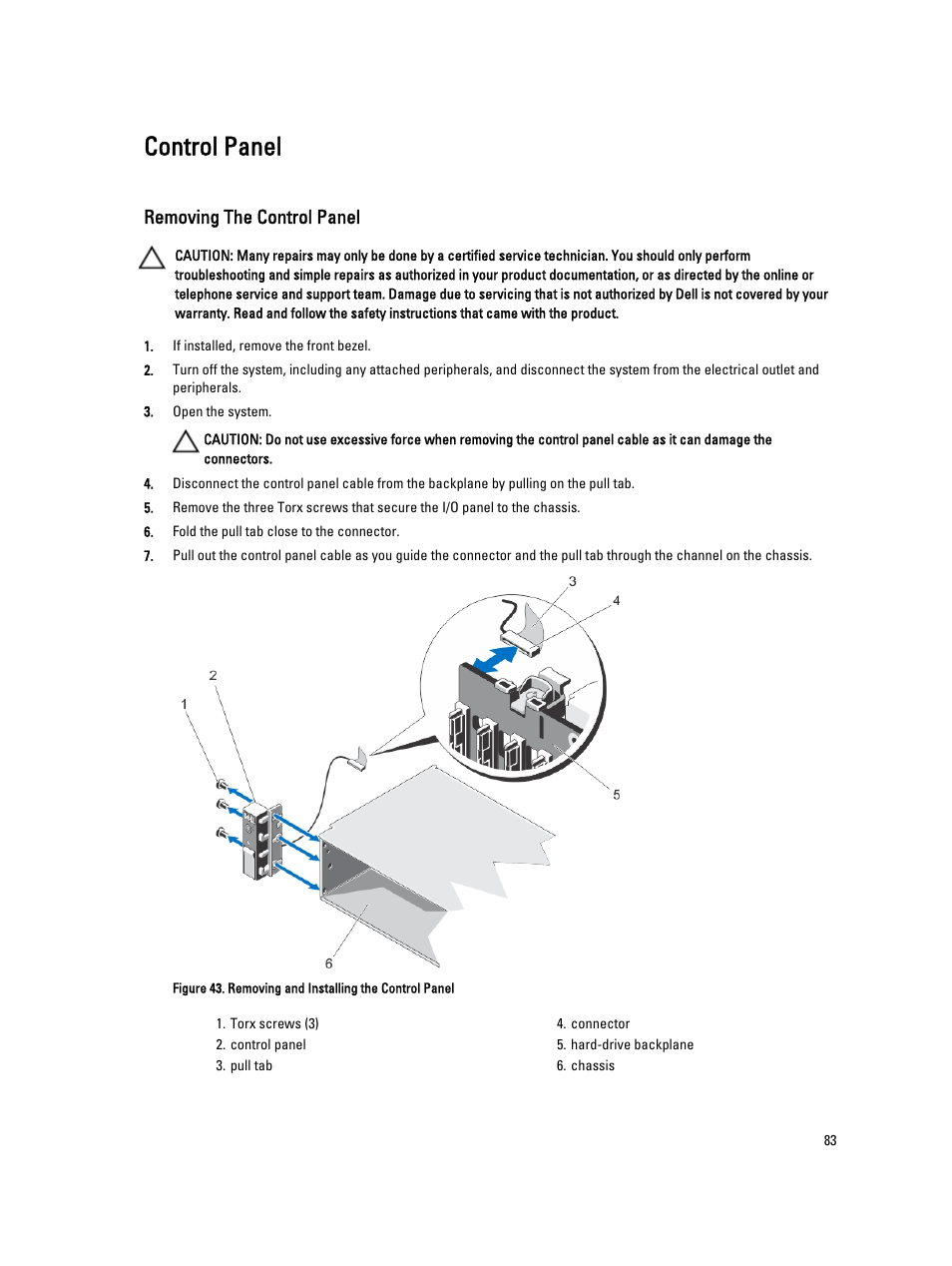 Control panel, Removing the control panel | Dell PowerVault DX6112 User Manual | Page 83 / 125