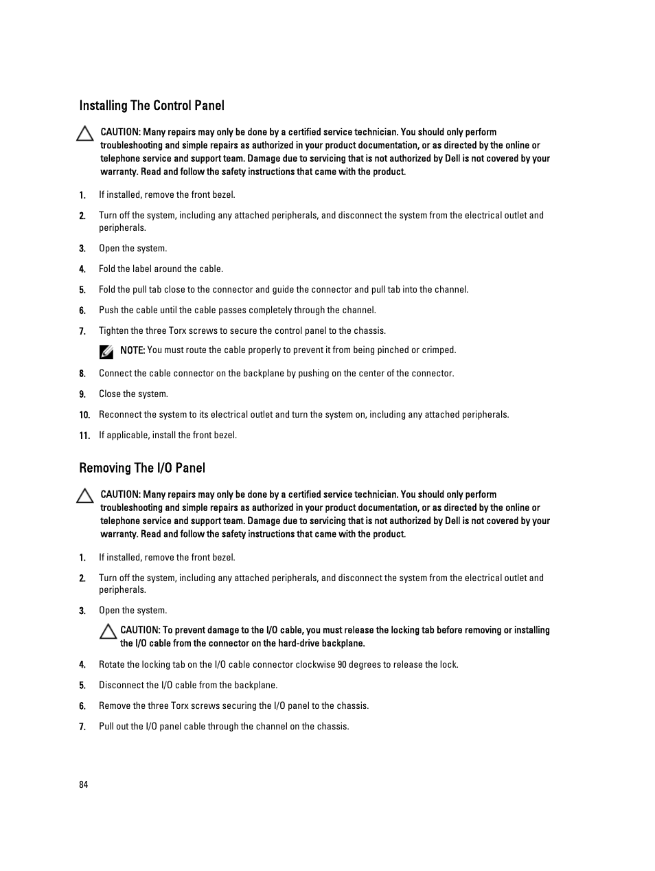 Installing the control panel, Removing the i/o panel | Dell PowerVault DX6112 User Manual | Page 84 / 125