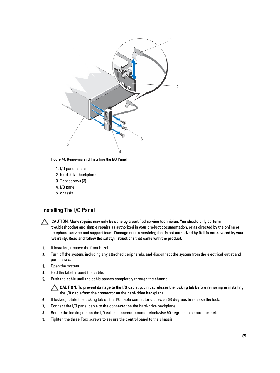 Installing the i/o panel | Dell PowerVault DX6112 User Manual | Page 85 / 125