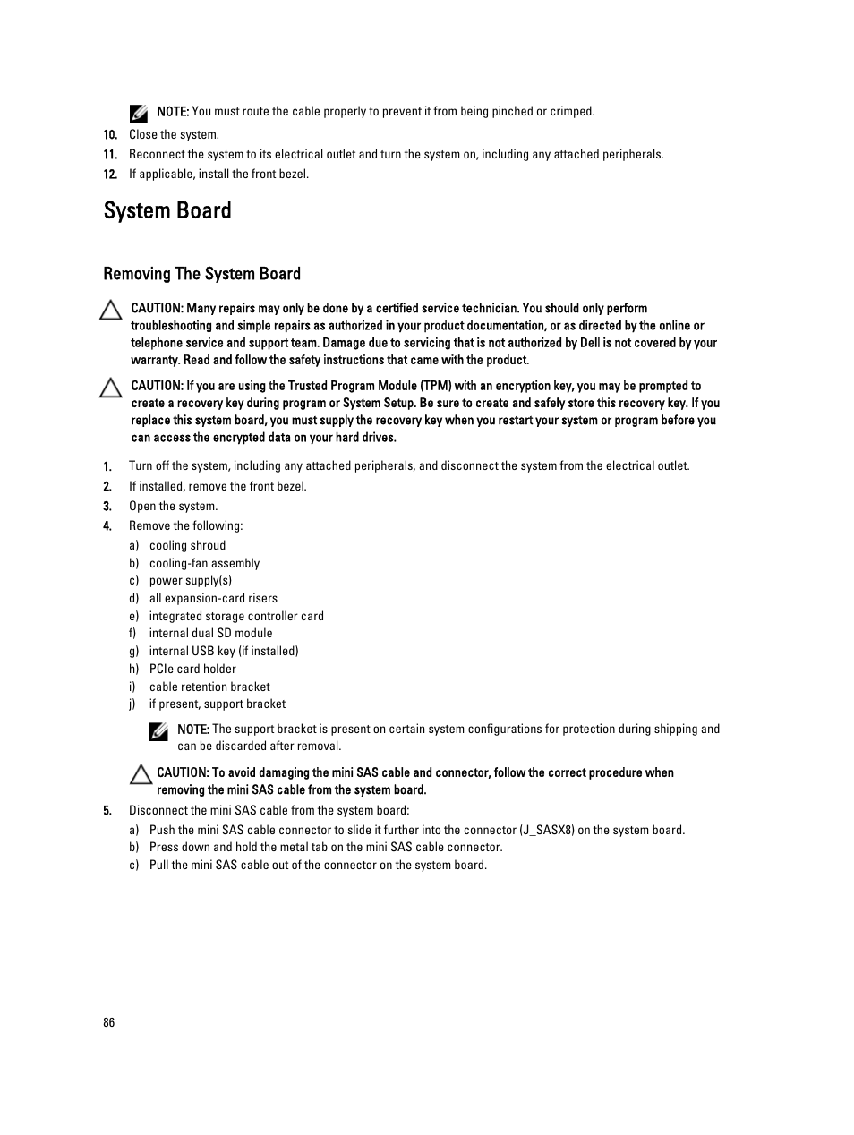 System board, Removing the system board | Dell PowerVault DX6112 User Manual | Page 86 / 125