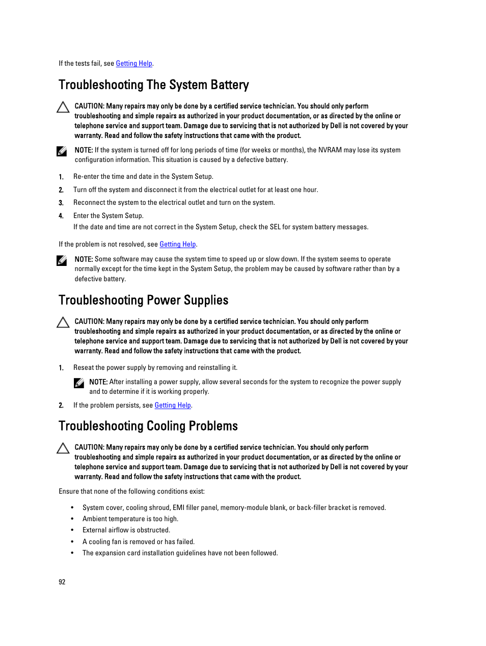 Troubleshooting the system battery, Troubleshooting power supplies, Troubleshooting cooling problems | Dell PowerVault DX6112 User Manual | Page 92 / 125