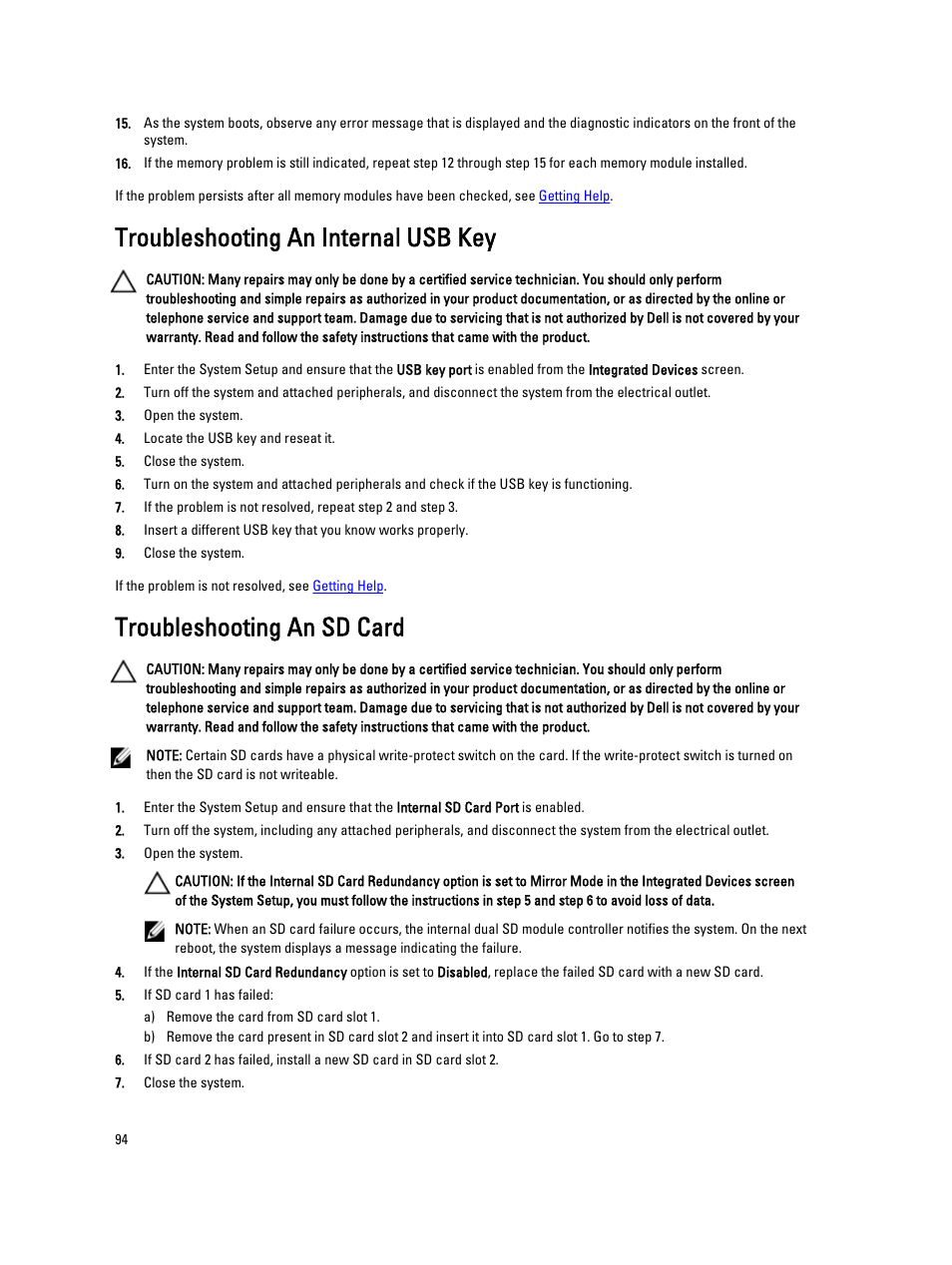 Troubleshooting an internal usb key, Troubleshooting an sd card | Dell PowerVault DX6112 User Manual | Page 94 / 125