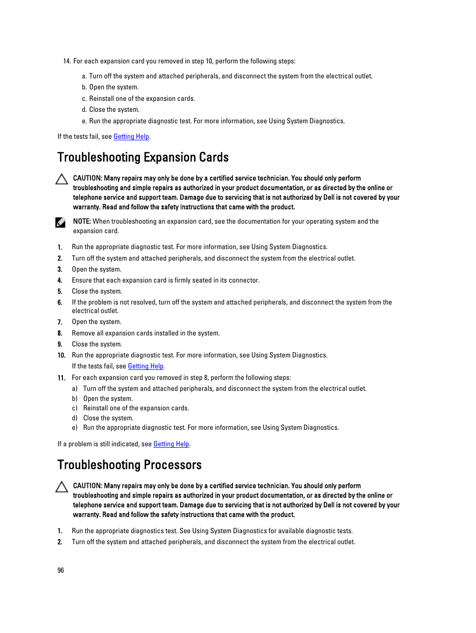 Troubleshooting expansion cards, Troubleshooting processors | Dell PowerVault DX6112 User Manual | Page 96 / 125