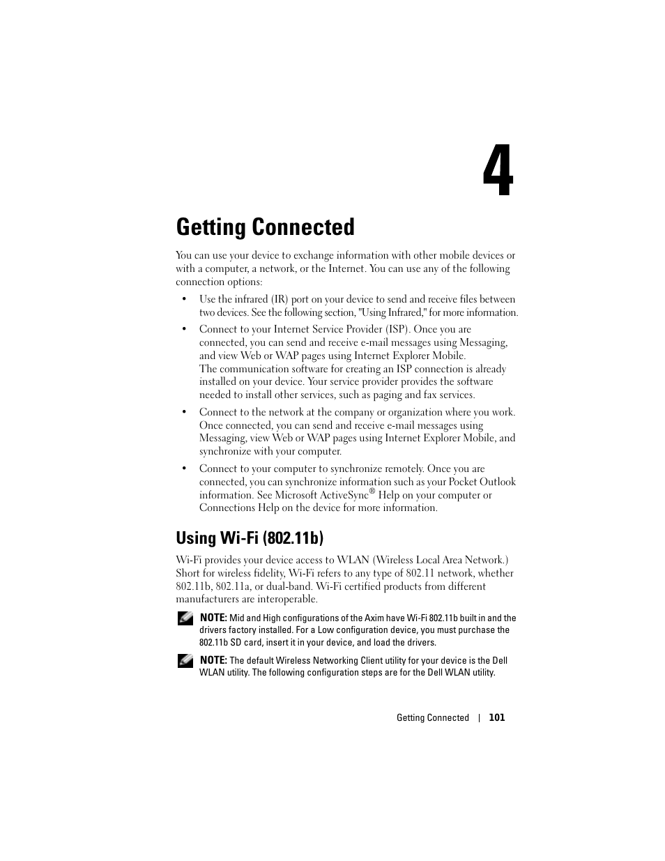 Getting connected, Using wi-fi (802.11b), 4 getting connected | Dell X50 Upgrade User Manual | Page 101 / 170
