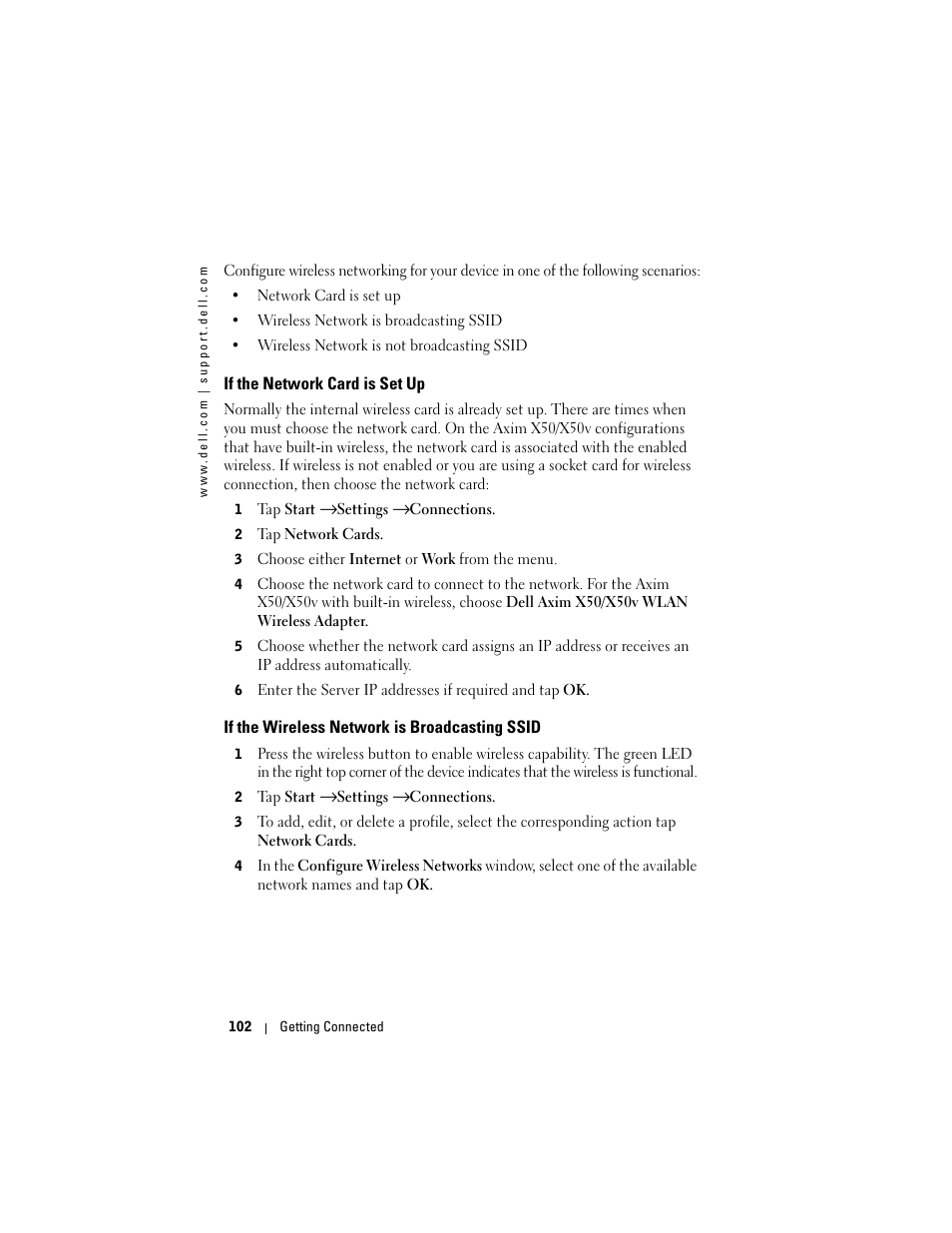 If the network card is set up, If the wireless network is broadcasting ssid | Dell X50 Upgrade User Manual | Page 102 / 170