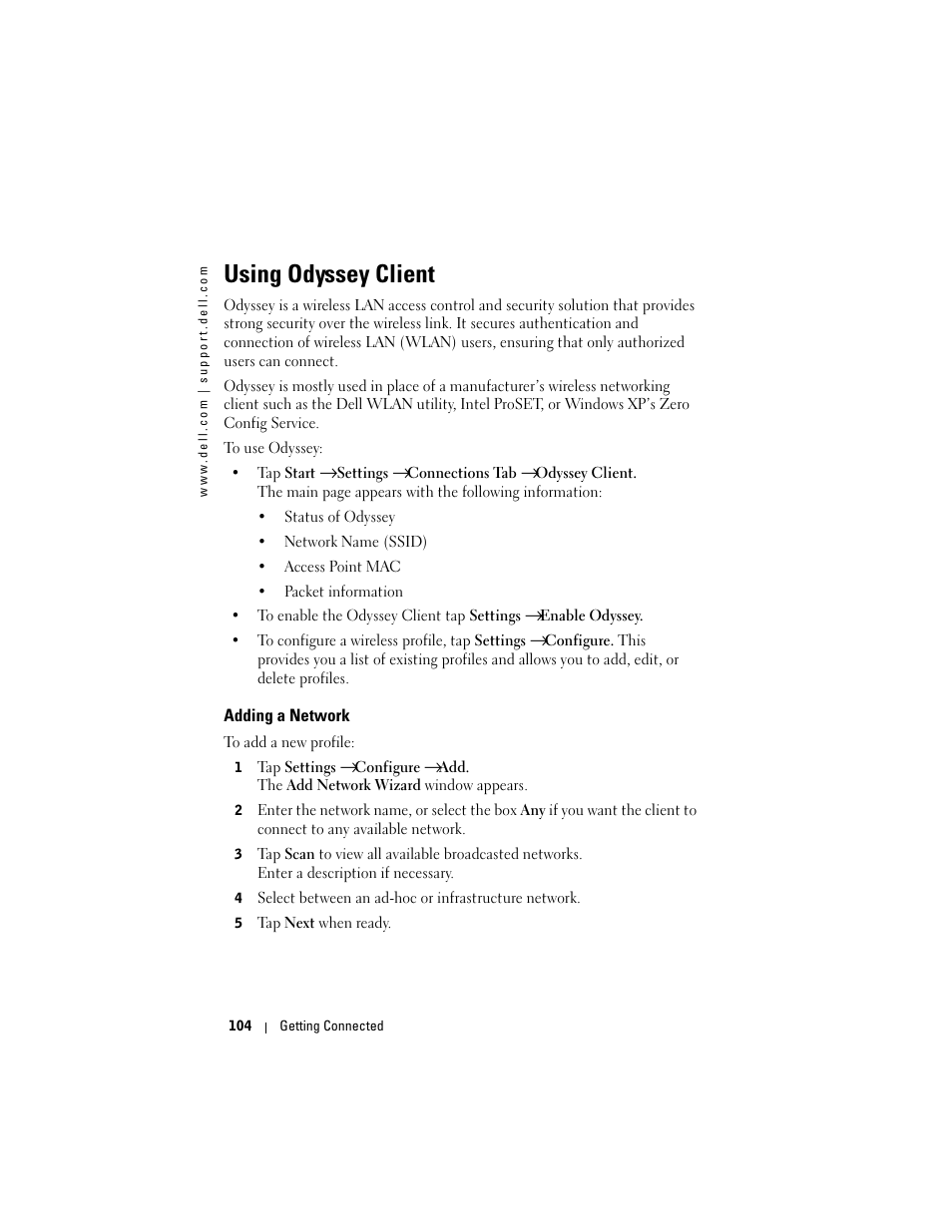 Using odyssey client, Adding a network | Dell X50 Upgrade User Manual | Page 104 / 170