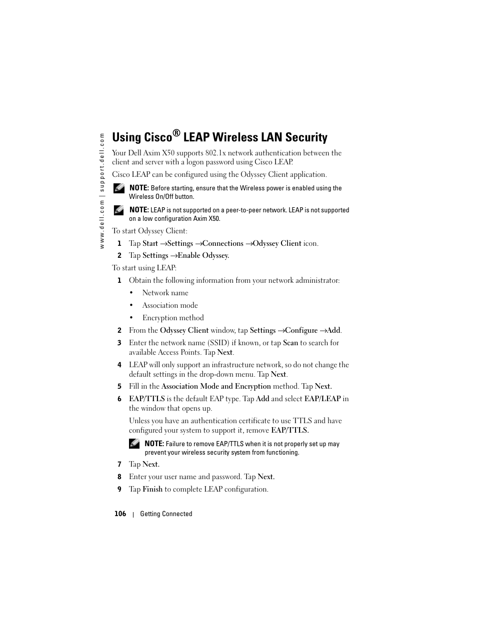 Using cisco® leap wireless lan security, Using cisco, Leap wireless lan security | Dell X50 Upgrade User Manual | Page 106 / 170