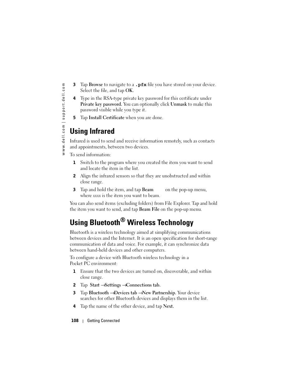 Using infrared, Using bluetooth® wireless technology, Using bluetooth | Wireless technology | Dell X50 Upgrade User Manual | Page 108 / 170