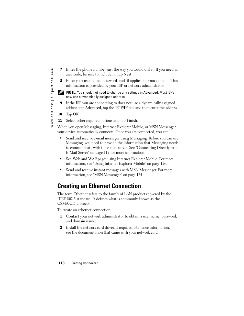Creating an ethernet connection | Dell X50 Upgrade User Manual | Page 110 / 170