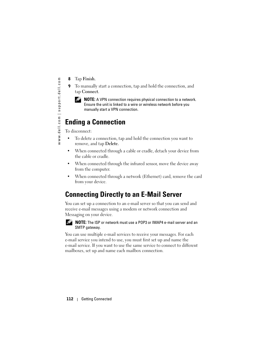 Ending a connection, Connecting directly to an e-mail server | Dell X50 Upgrade User Manual | Page 112 / 170