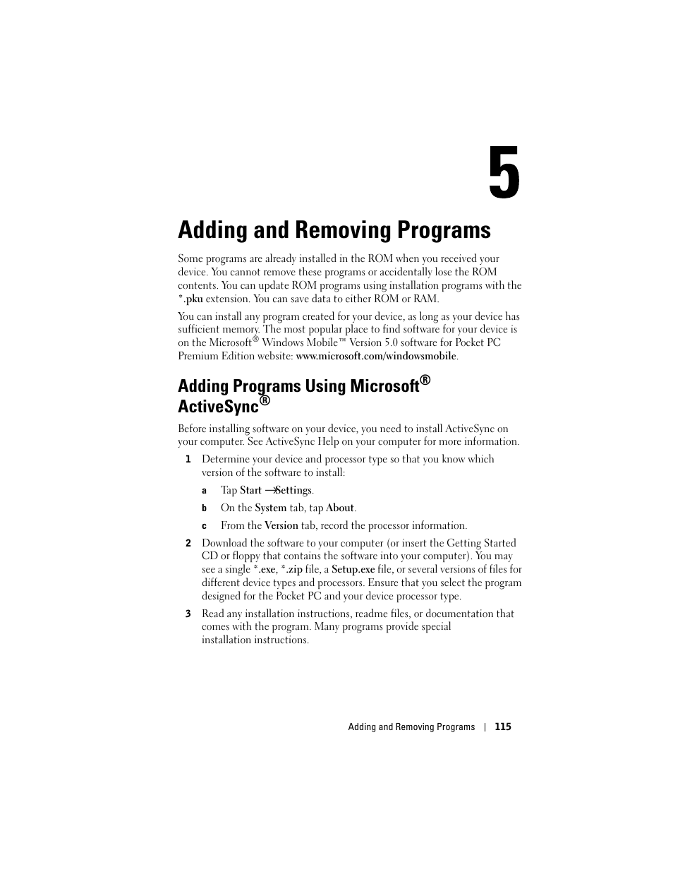 Adding and removing programs, Adding programs using microsoft® activesync, Adding programs using microsoft | Ee "adding programs using microsoft, Activesync | Dell X50 Upgrade User Manual | Page 115 / 170