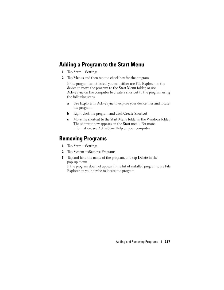 Adding a program to the start menu, Removing programs | Dell X50 Upgrade User Manual | Page 117 / 170