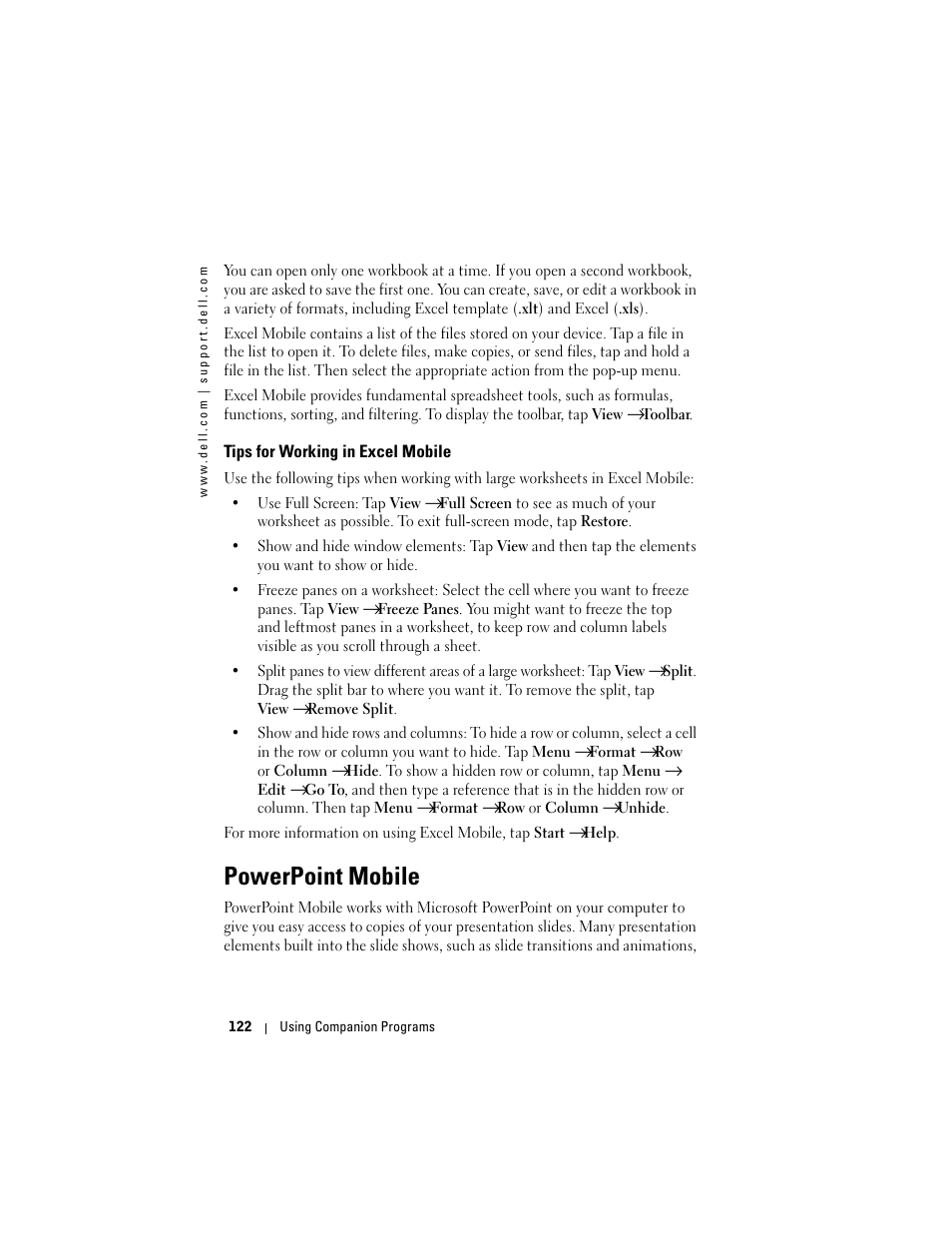 Tips for working in excel mobile, Powerpoint mobile | Dell X50 Upgrade User Manual | Page 122 / 170