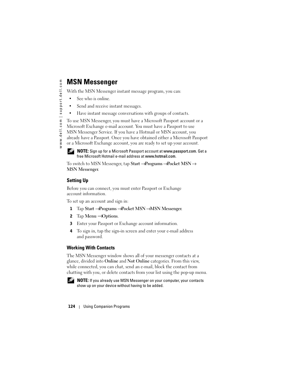 Msn messenger, Setting up, Working with contacts | Dell X50 Upgrade User Manual | Page 124 / 170