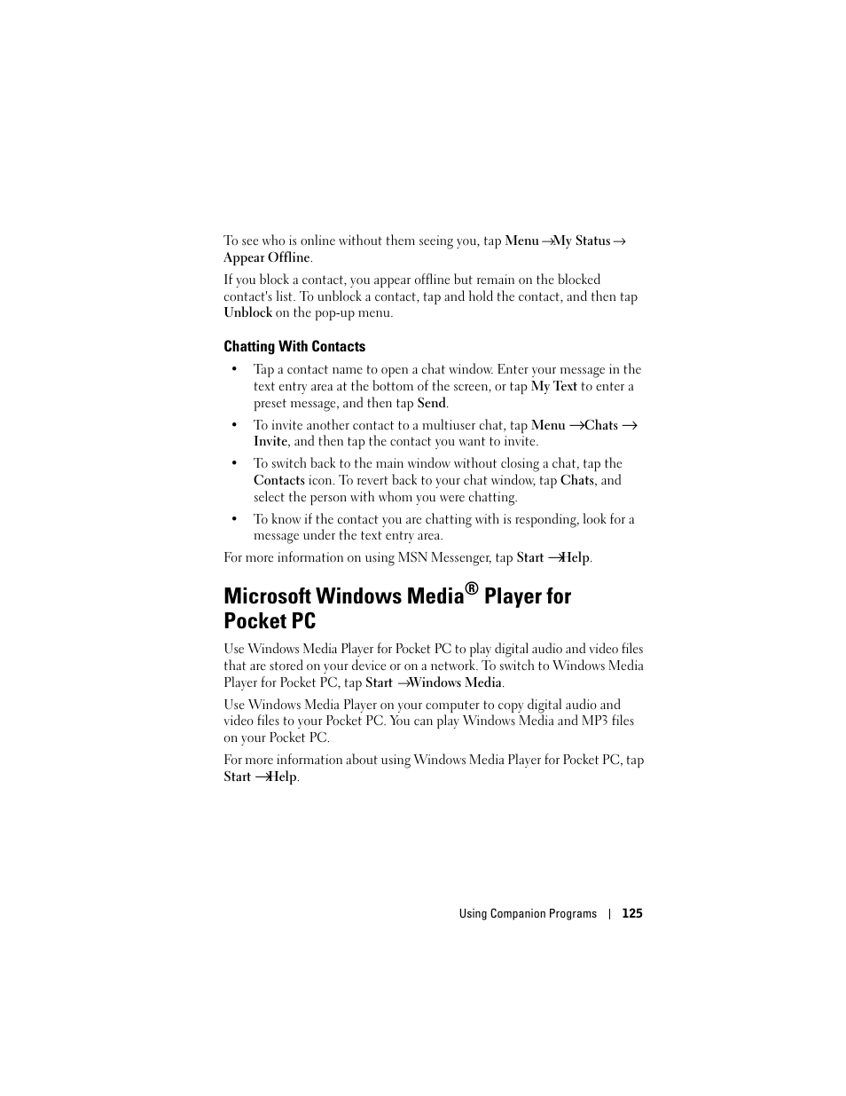 Chatting with contacts, Microsoft windows media® player for pocket pc, Microsoft windows media | Player for pocket pc | Dell X50 Upgrade User Manual | Page 125 / 170