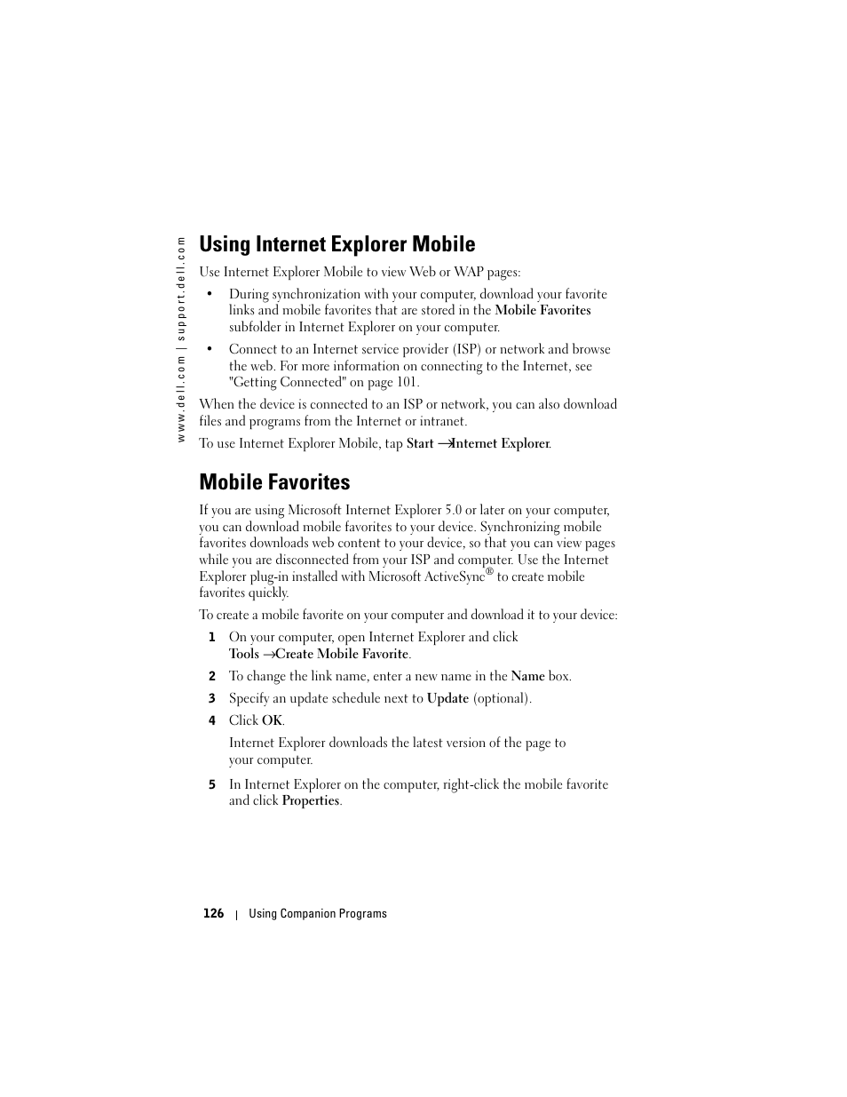 Using internet explorer mobile, Mobile favorites | Dell X50 Upgrade User Manual | Page 126 / 170