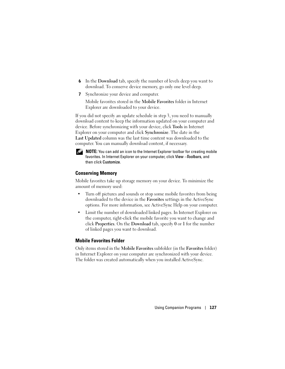 Conserving memory, Mobile favorites folder | Dell X50 Upgrade User Manual | Page 127 / 170