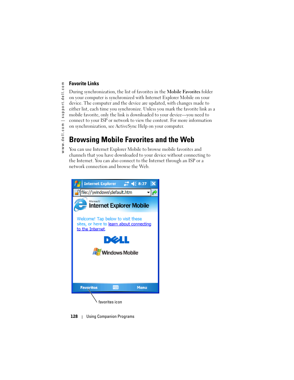 Favorite links, Browsing mobile favorites and the web | Dell X50 Upgrade User Manual | Page 128 / 170