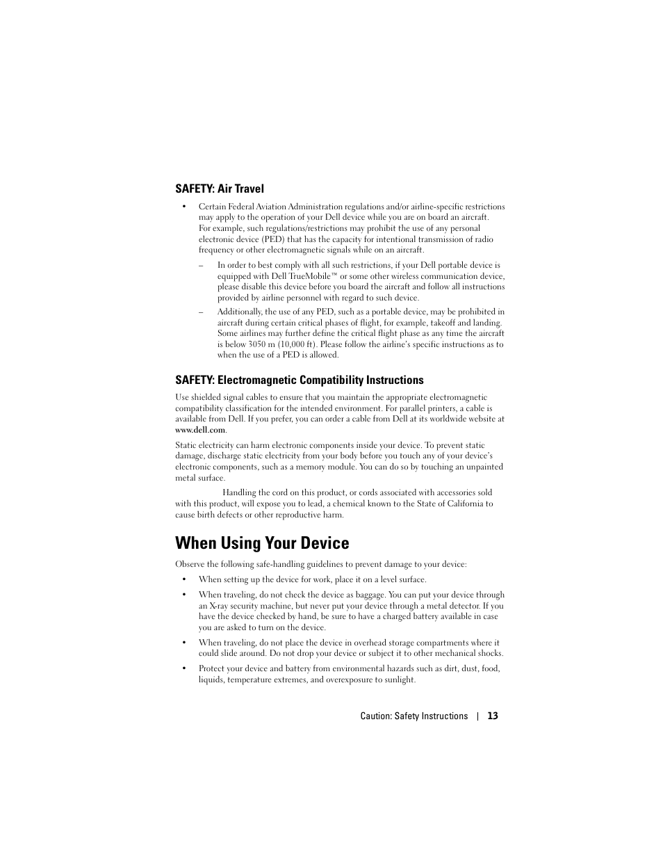 Safety: air travel, Safety: electromagnetic compatibility instructions, When using your device | Dell X50 Upgrade User Manual | Page 13 / 170