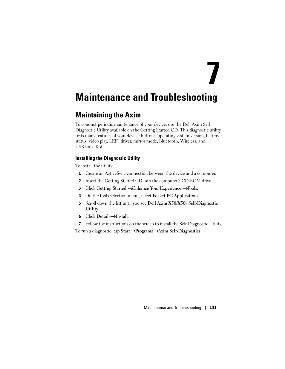 Maintenance and troubleshooting, Maintaining the axim, Installing the diagnostic utility | 7 maintenance and troubleshooting | Dell X50 Upgrade User Manual | Page 131 / 170