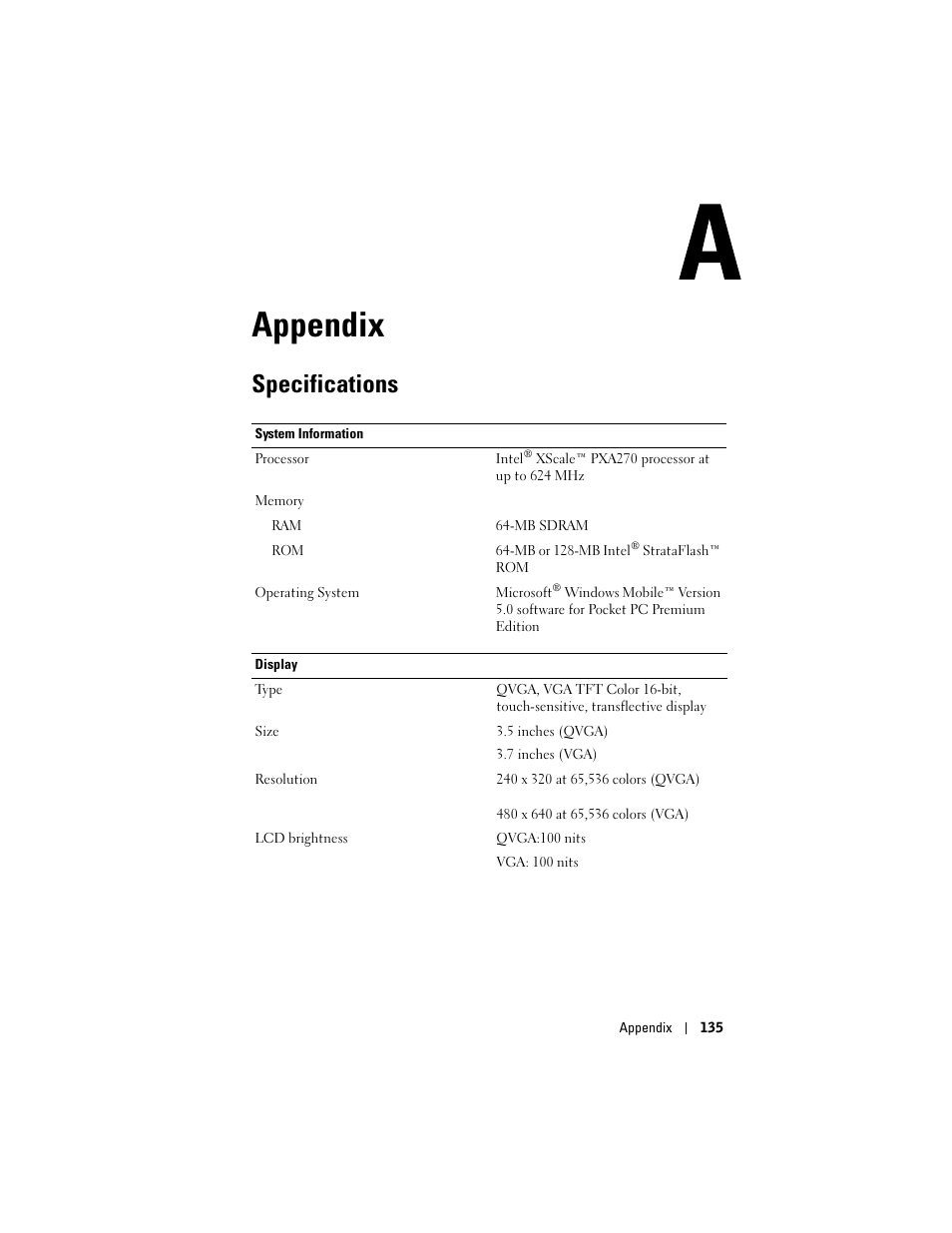 Appendix, Specifications, 8 appendix | Dell X50 Upgrade User Manual | Page 135 / 170