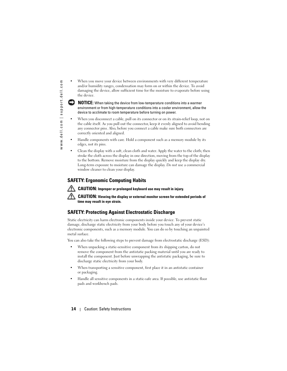 Safety: ergonomic computing habits, Safety: protecting against electrostatic discharge | Dell X50 Upgrade User Manual | Page 14 / 170