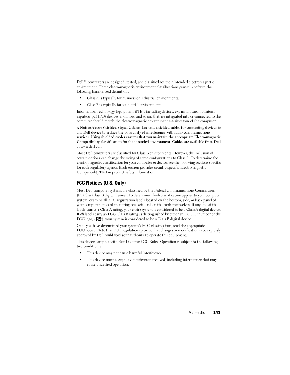 Fcc notices (u.s. only) | Dell X50 Upgrade User Manual | Page 143 / 170