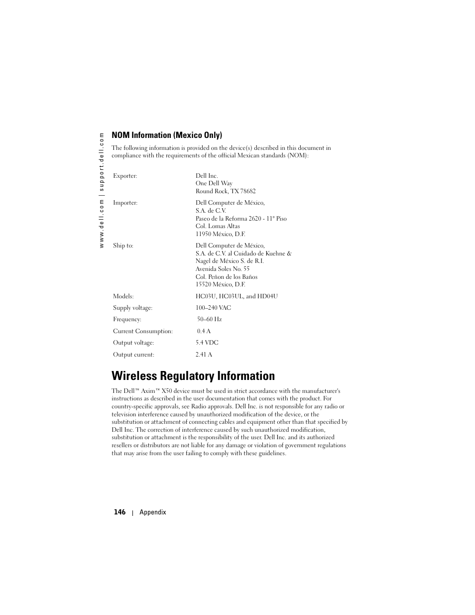 Nom information (mexico only), Wireless regulatory information | Dell X50 Upgrade User Manual | Page 146 / 170