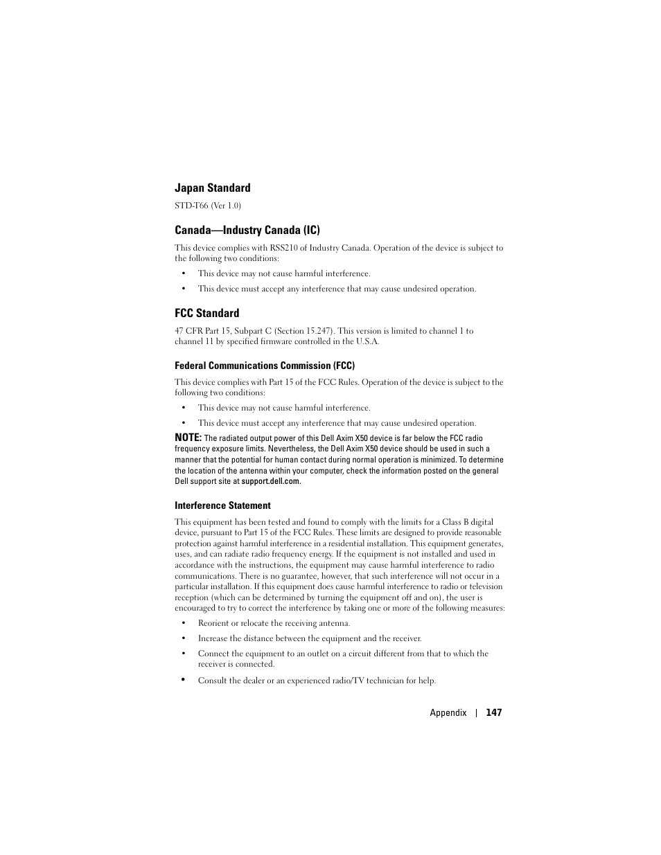 Japan standard, Canada-industry canada (ic), Fcc standard | Canada—industry canada (ic) | Dell X50 Upgrade User Manual | Page 147 / 170