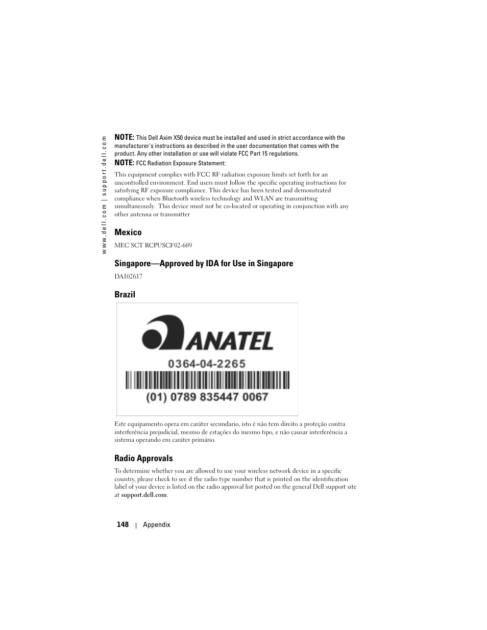 Mexico, Singapore-approved by ida for use in singapore, Brazil | Radio approvals, Singapore—approved by ida for use in singapore | Dell X50 Upgrade User Manual | Page 148 / 170