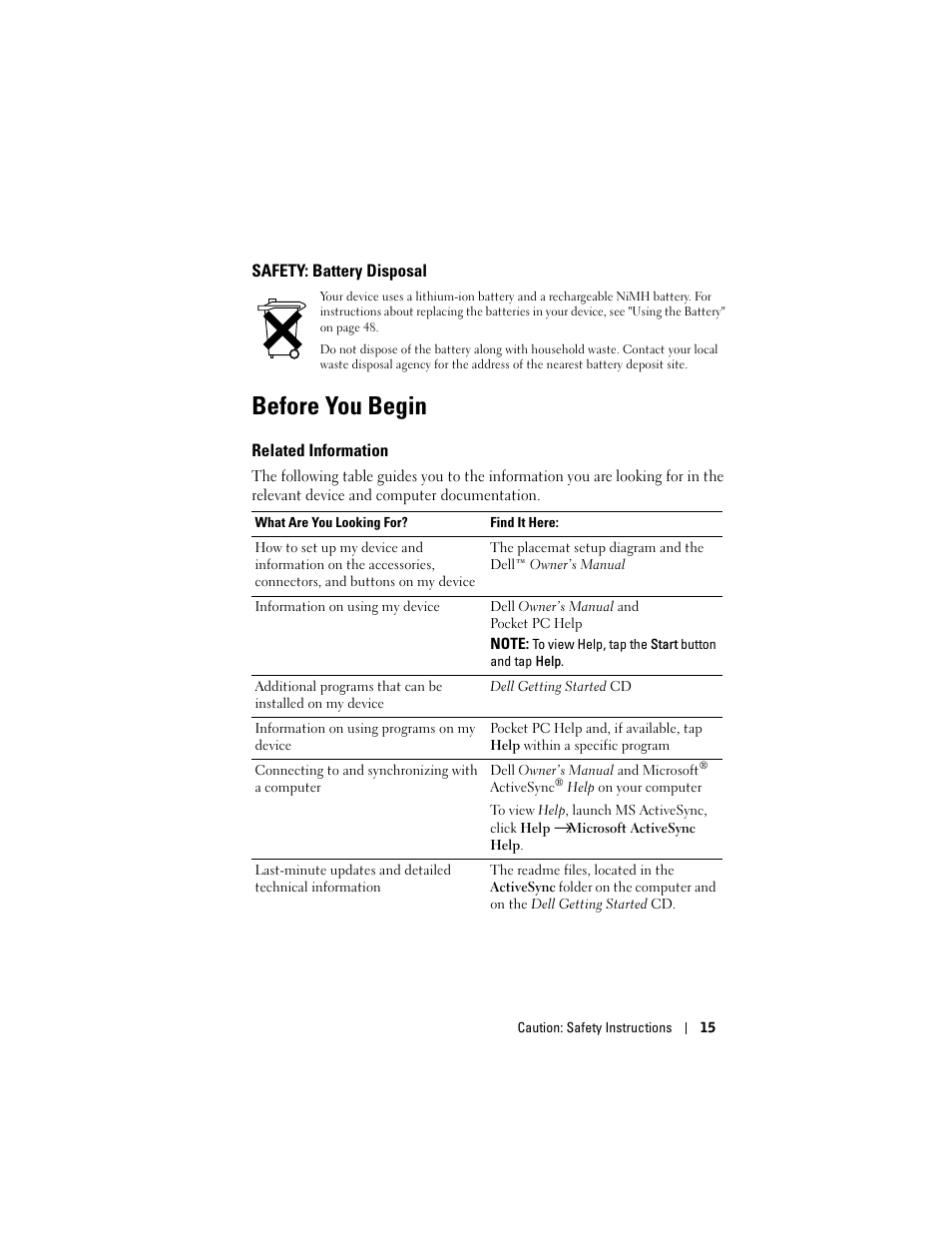 Safety: battery disposal, Before you begin, Related information | Dell X50 Upgrade User Manual | Page 15 / 170