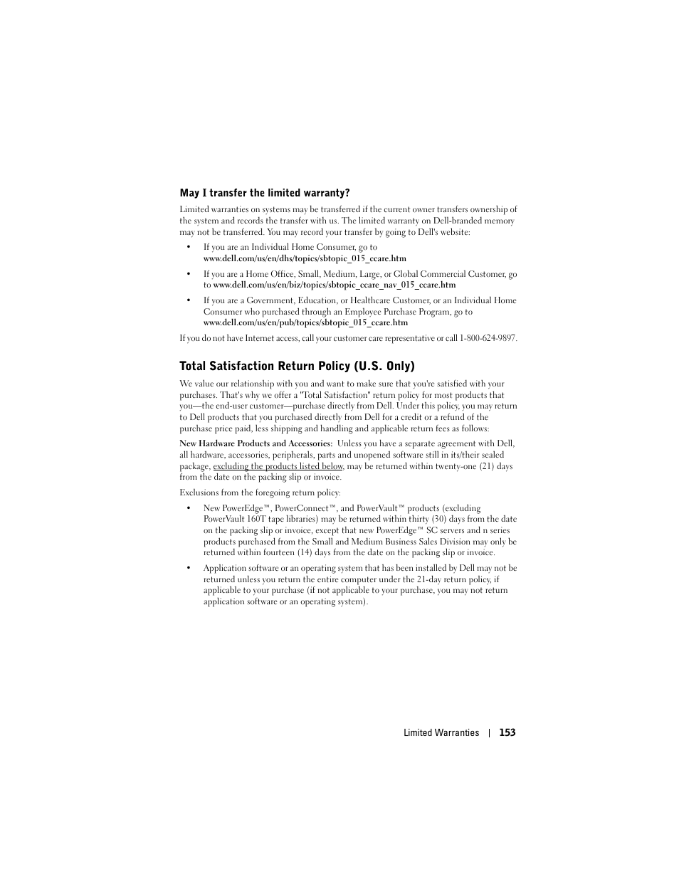 Total satisfaction return policy (u.s. only) | Dell X50 Upgrade User Manual | Page 153 / 170