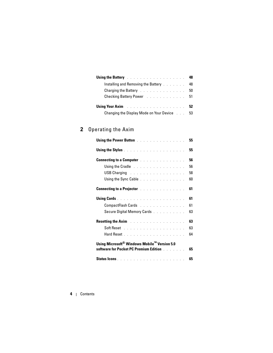 2 operating the axim | Dell X50 Upgrade User Manual | Page 4 / 170