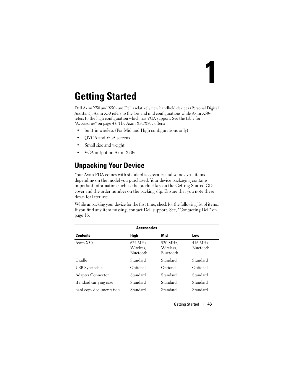 Getting started, Unpacking your device, 1 getting started | Dell X50 Upgrade User Manual | Page 43 / 170
