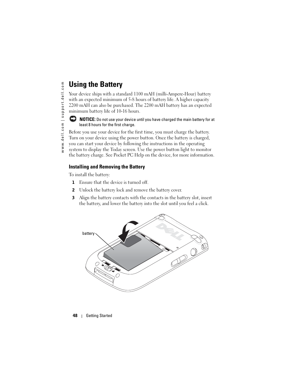 Using the battery, Installing and removing the battery | Dell X50 Upgrade User Manual | Page 48 / 170