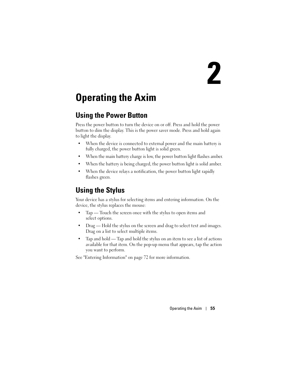 Operating the axim, Using the power button, Using the stylus | 2 operating the axim | Dell X50 Upgrade User Manual | Page 55 / 170