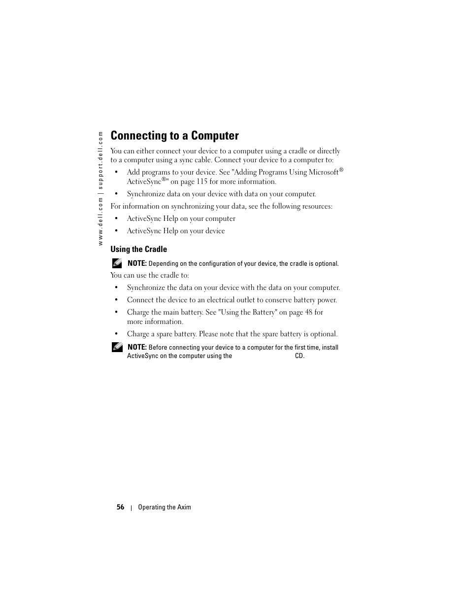 Connecting to a computer, Using the cradle, Connect a cradle or sync cable. see "connecting to | Dell X50 Upgrade User Manual | Page 56 / 170