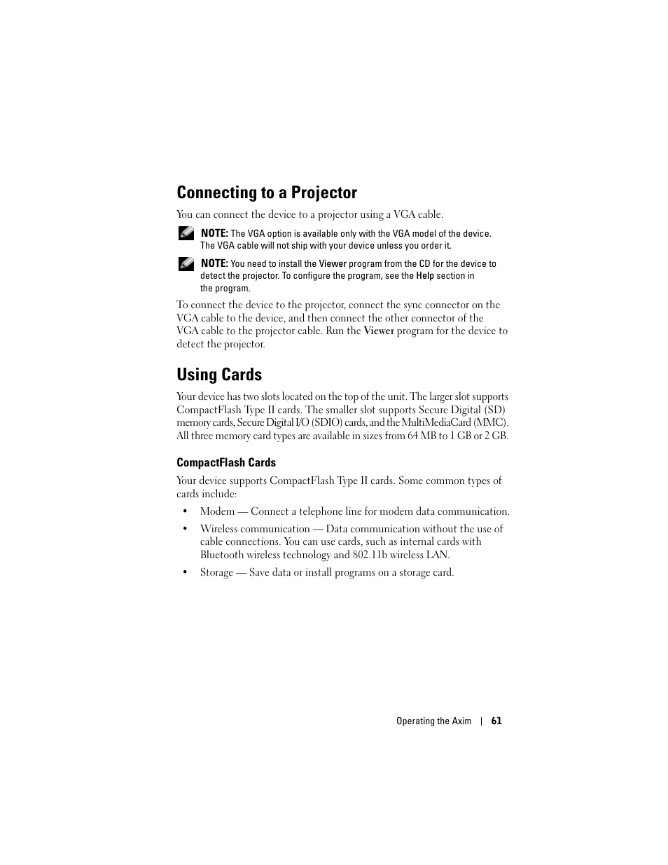 Connecting to a projector, Using cards, Compactflash cards | Dell X50 Upgrade User Manual | Page 61 / 170