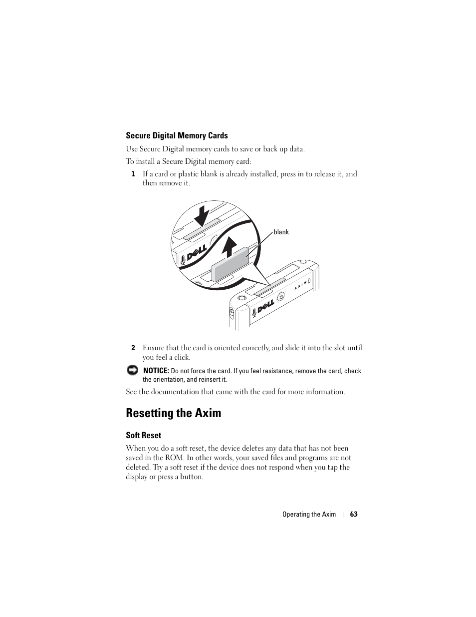 Secure digital memory cards, Resetting the axim, Soft reset | Dell X50 Upgrade User Manual | Page 63 / 170