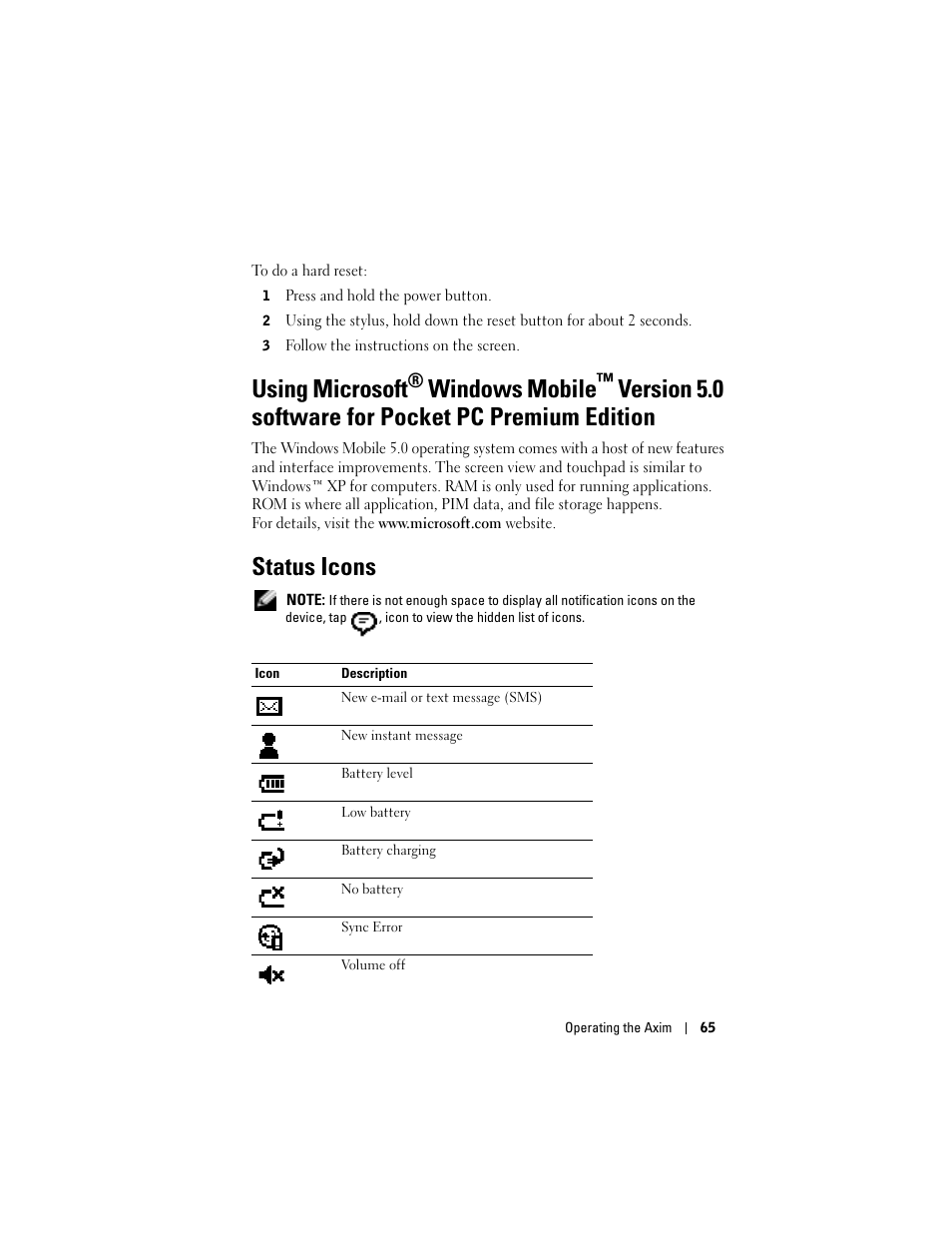 Status icons, Using microsoft, Windows mobile | Version 5.0 software for pocket pc premium edition | Dell X50 Upgrade User Manual | Page 65 / 170