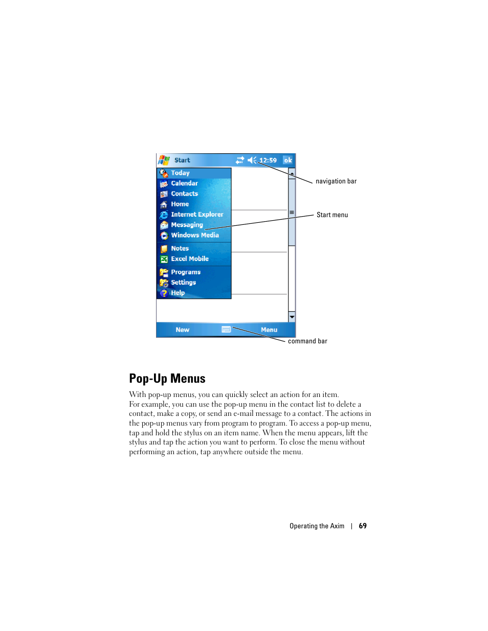 Pop-up menus | Dell X50 Upgrade User Manual | Page 69 / 170