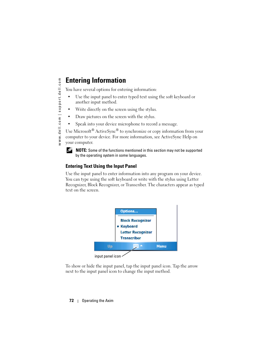 Entering information, Entering text using the input panel | Dell X50 Upgrade User Manual | Page 72 / 170